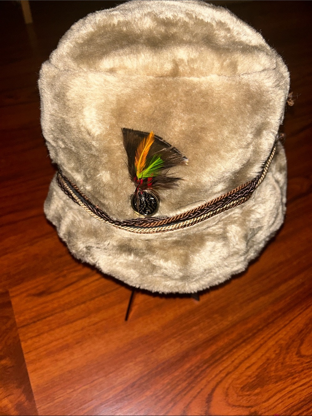 ViTG 70’s Faux Fur Fedora Hat w/Feather Plume • SzL 7.25-7.375 Alpine Bavarian
